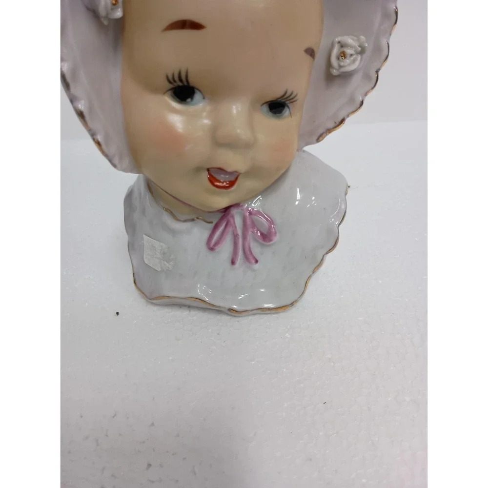 Vintage 1960s Royal Pottery Porcelain Baby In Bonnet Head Vase With Roses MCM